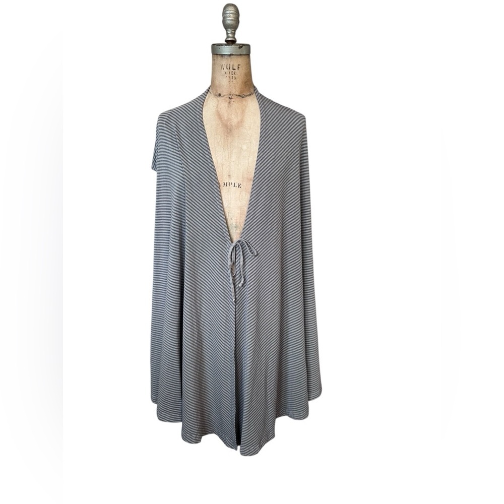bryn Walker Gray Striped Open Front With Tie Tunic Top Short Sleeve Layering L